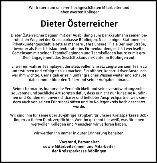 Traueranzeige von Dieter Österreicher von Leonberger Kreiszeitung / Strohgäu Extra