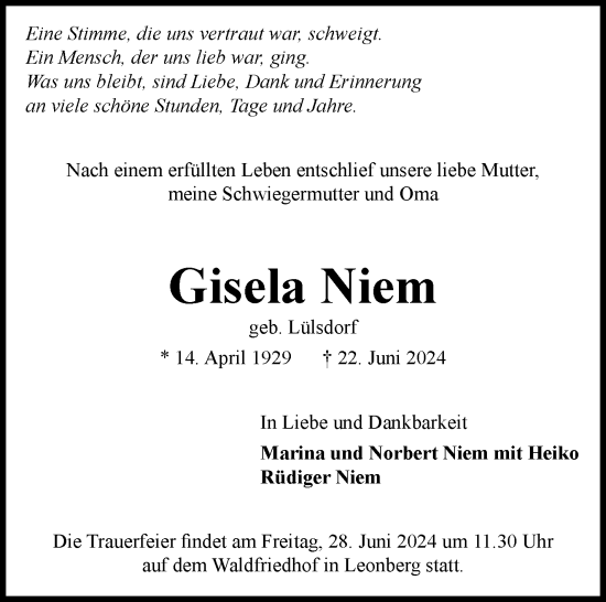 Traueranzeige von Gisela Niem von Leonberger Kreiszeitung / Strohgäu Extra