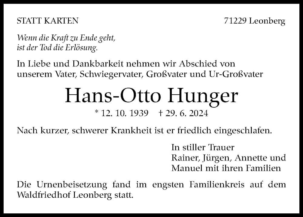 Traueranzeige für Hans-Otto Hunger vom 31.07.2024 aus Leonberger Kreiszeitung / Strohgäu Extra