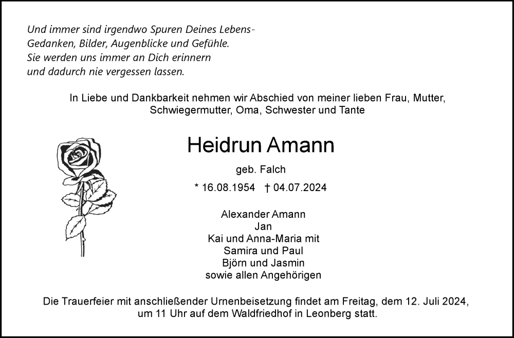  Traueranzeige für Heidrun Amann vom 09.07.2024 aus Leonberger Kreiszeitung / Strohgäu Extra