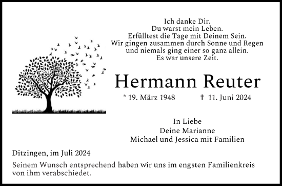 Traueranzeige von Hermann Reuter von Leonberger Kreiszeitung / Strohgäu Extra