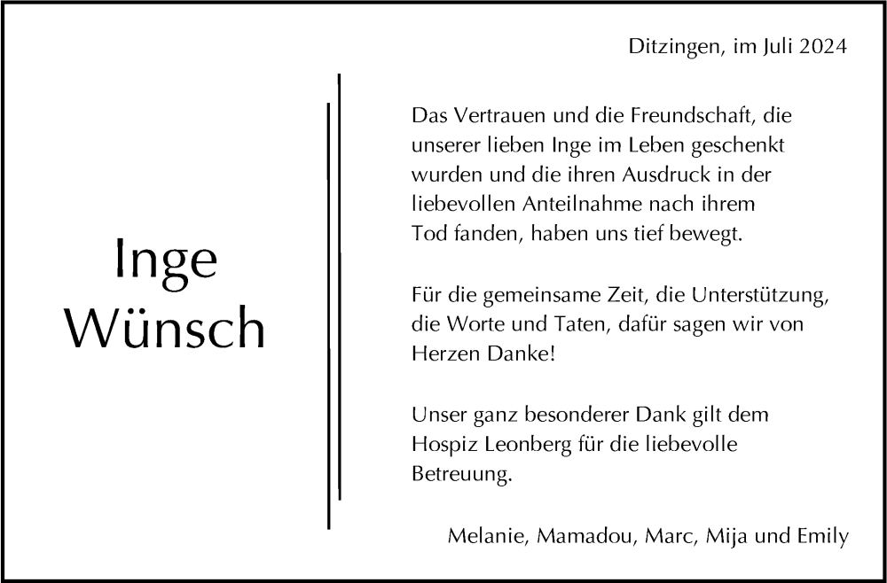  Traueranzeige für Inge Wünsch vom 20.07.2024 aus Leonberger Kreiszeitung / Strohgäu Extra