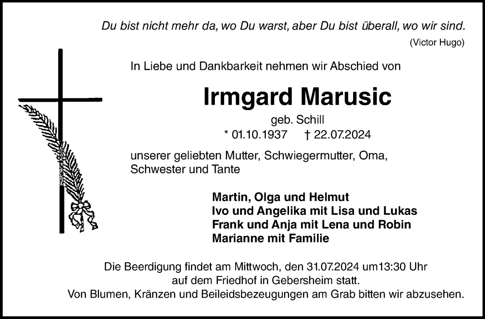  Traueranzeige für Irmgard Marusic vom 27.07.2024 aus Leonberger Kreiszeitung / Strohgäu Extra
