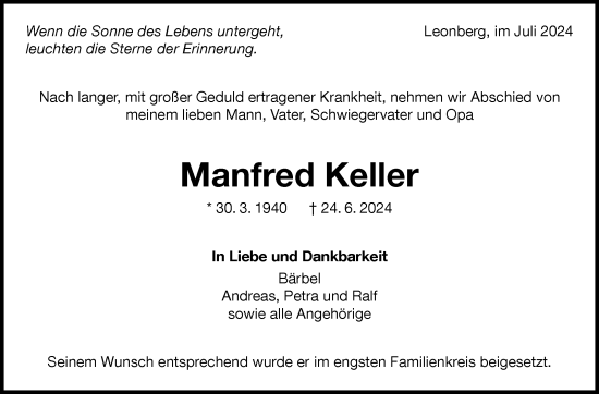 Traueranzeige von Manfred Keller von Leonberger Kreiszeitung / Strohgäu Extra