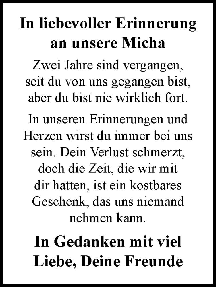  Traueranzeige für Micha  vom 19.07.2024 aus Leonberger Kreiszeitung / Strohgäu Extra