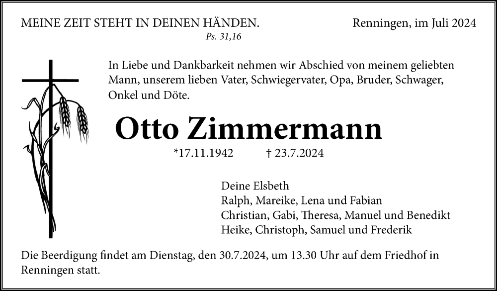  Traueranzeige für Otto Zimmermann vom 27.07.2024 aus Leonberger Kreiszeitung / Strohgäu Extra