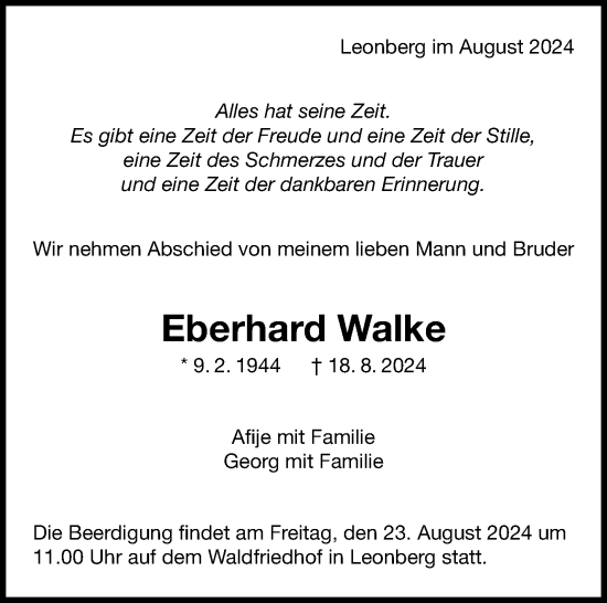 Traueranzeige von Eberhard Walke von Leonberger Kreiszeitung / Strohgäu Extra