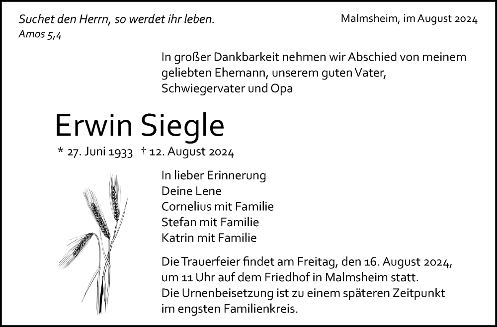  Traueranzeige für Erwin Siegle vom 15.08.2024 aus Leonberger Kreiszeitung / Strohgäu Extra