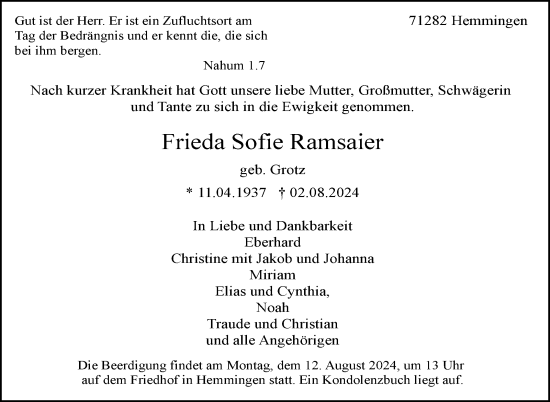 Traueranzeige von Frieda Sofie Ramsaier von Leonberger Kreiszeitung / Strohgäu Extra