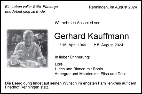 Traueranzeige von Gerhard Kauffmann von Leonberger Kreiszeitung / Strohgäu Extra