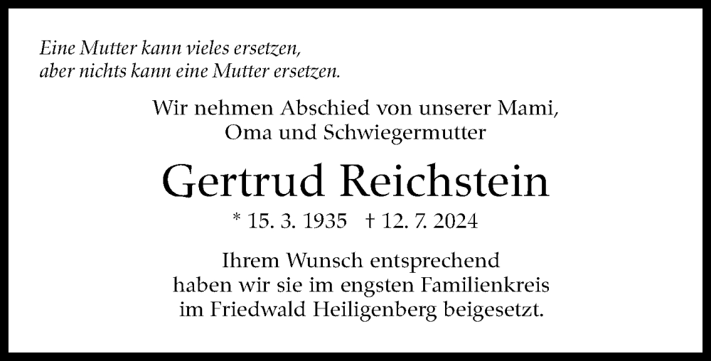  Traueranzeige für Gertrud Reichstein vom 03.08.2024 aus Leonberger Kreiszeitung / Strohgäu Extra