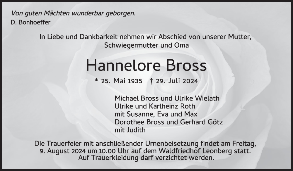  Traueranzeige für Hannelore Bross vom 07.08.2024 aus Leonberger Kreiszeitung / Strohgäu Extra