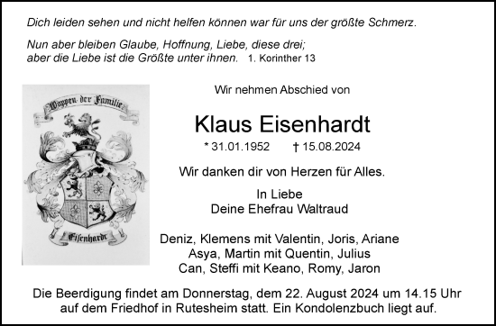 Traueranzeige von Klaus Eisenhardt von Leonberger Kreiszeitung / Strohgäu Extra