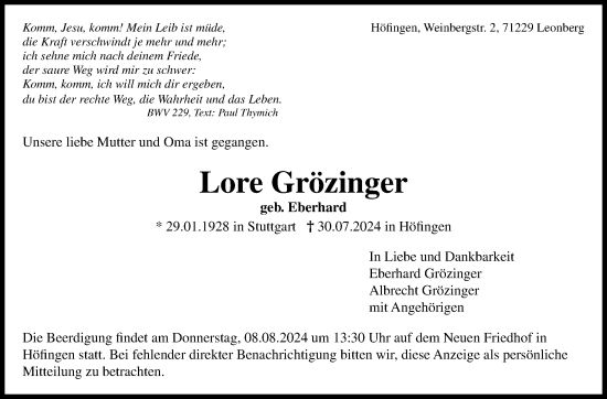 Traueranzeige von Lore Grözinger von Leonberger Kreiszeitung / Strohgäu Extra