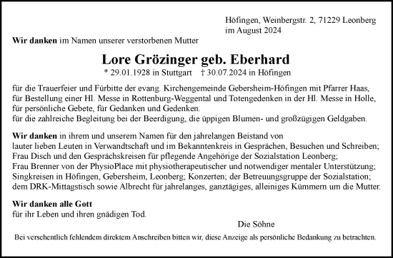 Traueranzeige von Lore Grözinger von Leonberger Kreiszeitung / Strohgäu Extra