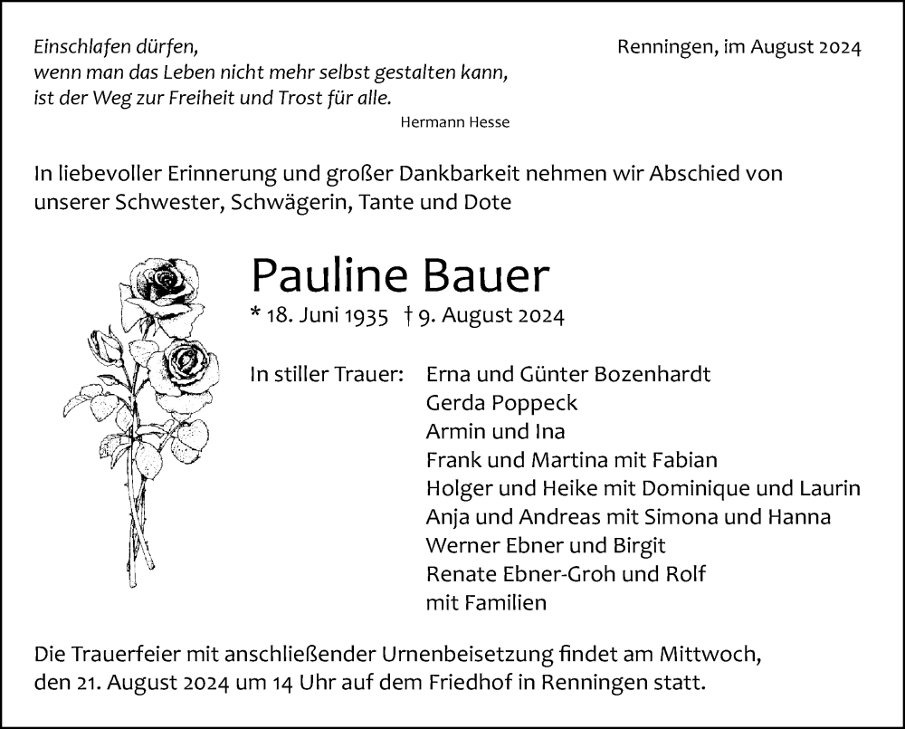  Traueranzeige für Pauline Bauer vom 17.08.2024 aus Leonberger Kreiszeitung / Strohgäu Extra