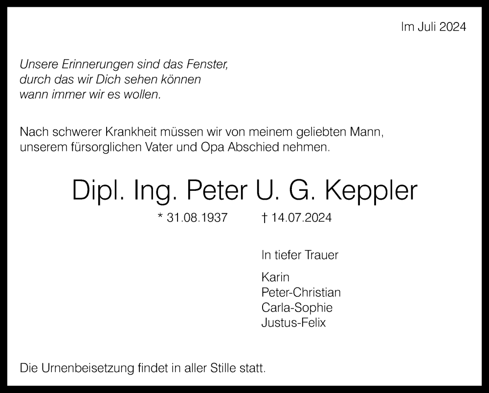  Traueranzeige für Peter U. G. Keppler vom 03.08.2024 aus Leonberger Kreiszeitung / Strohgäu Extra