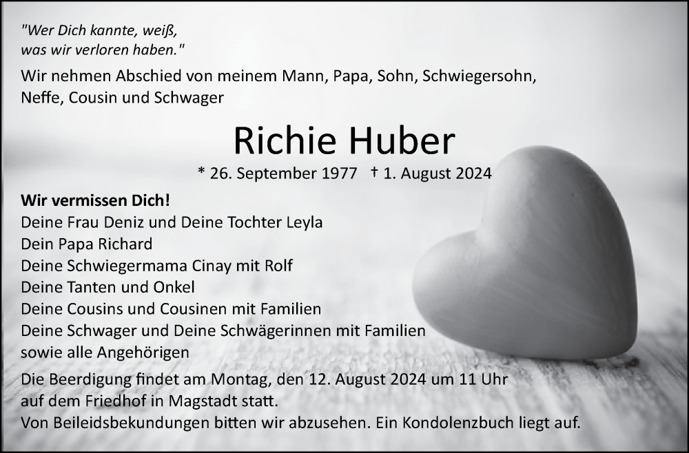  Traueranzeige für Richie Huber vom 08.08.2024 aus Leonberger Kreiszeitung / Strohgäu Extra