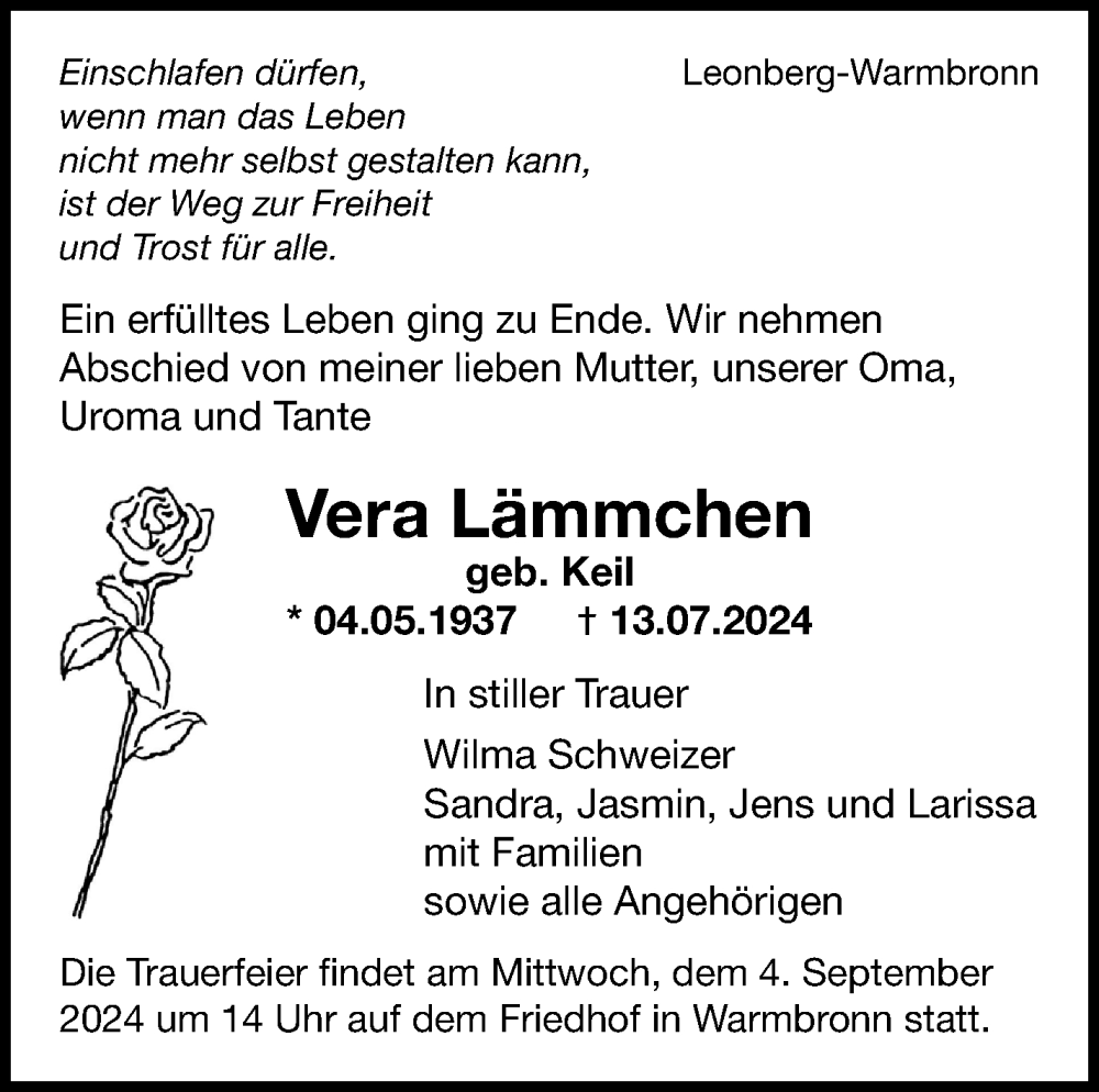  Traueranzeige für Vera Lämmchen vom 24.08.2024 aus Leonberger Kreiszeitung / Strohgäu Extra