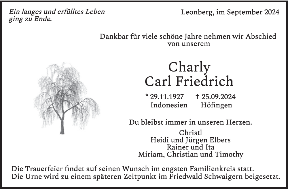  Traueranzeige für Charly Carl Friedrich vom 30.09.2024 aus Leonberger Kreiszeitung / Strohgäu Extra