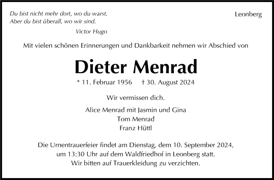 Traueranzeige von Dieter Menrad von Leonberger Kreiszeitung / Strohgäu Extra