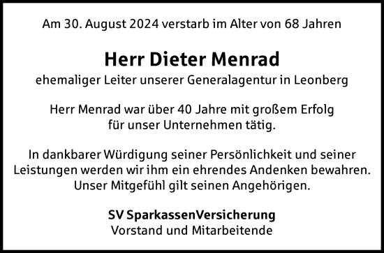 Traueranzeige von Dieter Menrad von Leonberger Kreiszeitung / Strohgäu Extra