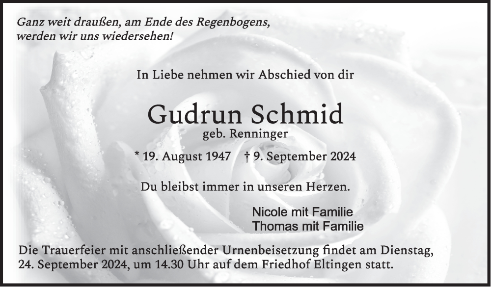 Traueranzeige für Gudrun Schmid vom 13.09.2024 aus Leonberger Kreiszeitung / Strohgäu Extra