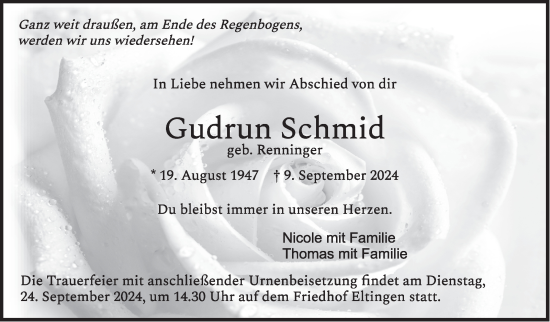 Traueranzeige von Gudrun Schmid von Leonberger Kreiszeitung / Strohgäu Extra
