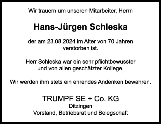 Traueranzeige von Hans-Jürgen Schleska von Leonberger Kreiszeitung / Strohgäu Extra