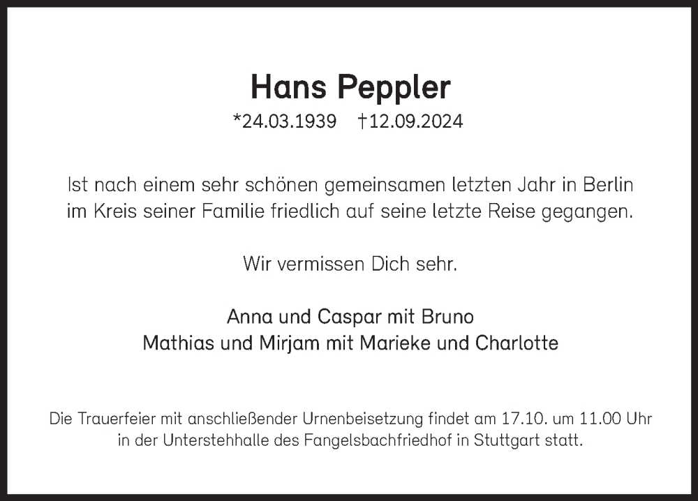  Traueranzeige für Hans Peppler vom 30.09.2024 aus Leonberger Kreiszeitung / Strohgäu Extra