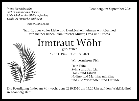 Traueranzeige von Irmtraut Wöhr von Leonberger Kreiszeitung / Strohgäu Extra