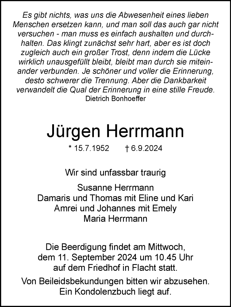  Traueranzeige für Jürgen Herrmann vom 11.09.2024 aus Leonberger Kreiszeitung / Strohgäu Extra