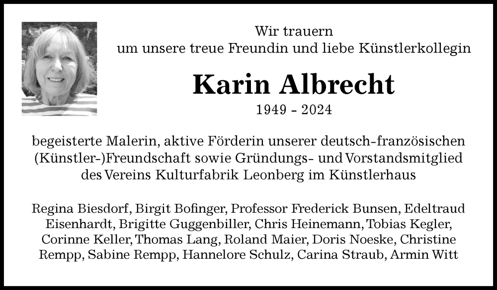  Traueranzeige für Karin Albrecht vom 28.09.2024 aus Leonberger Kreiszeitung / Strohgäu Extra