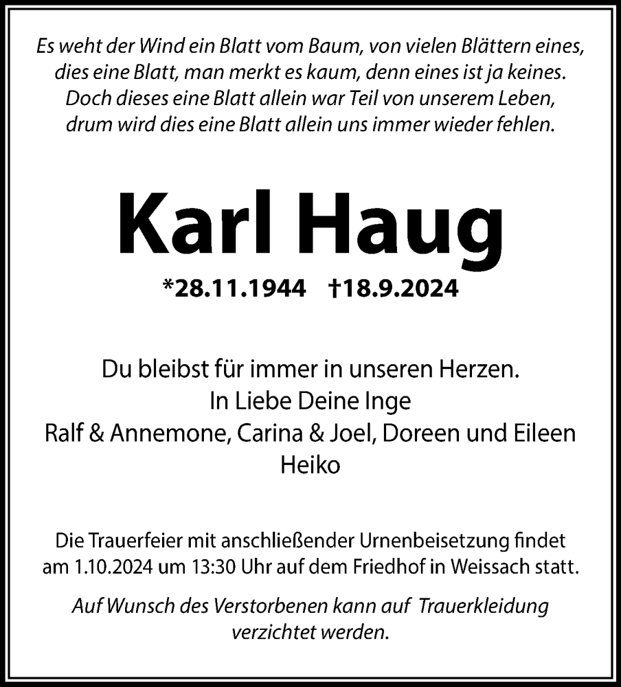  Traueranzeige für Karl Haug vom 25.09.2024 aus Leonberger Kreiszeitung / Strohgäu Extra