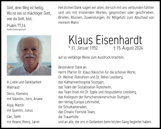 Traueranzeige von Klaus Eisenhardt von Leonberger Kreiszeitung / Strohgäu Extra