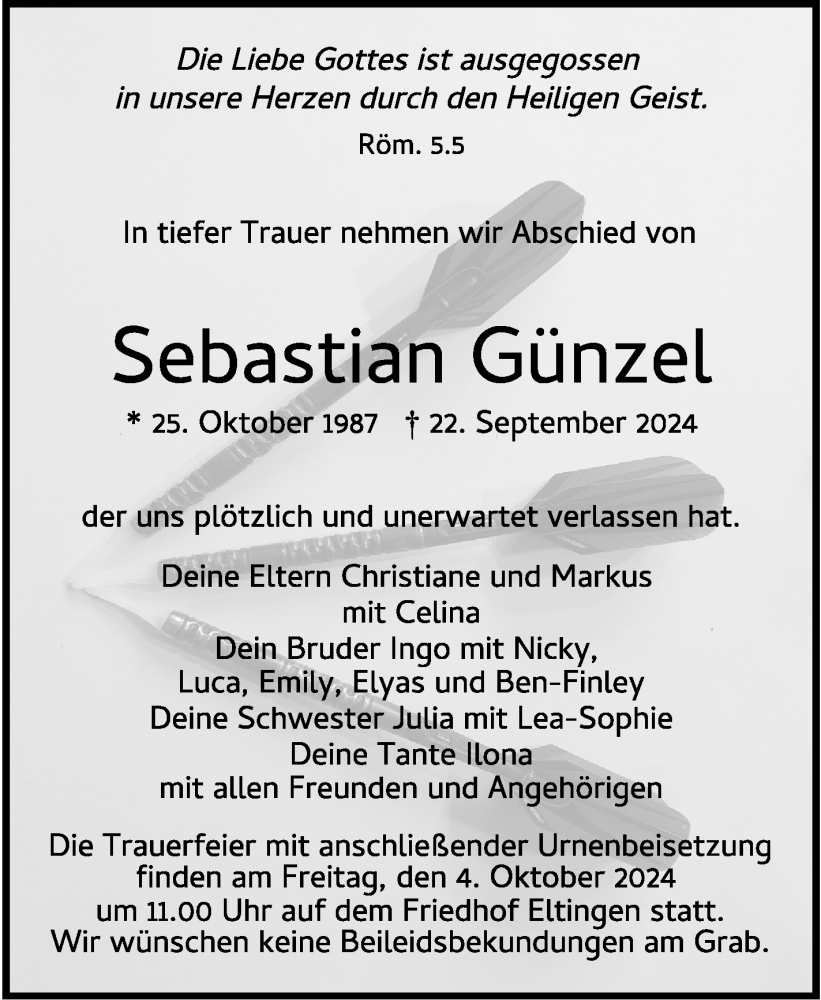  Traueranzeige für Sebastian Günzel vom 30.09.2024 aus Leonberger Kreiszeitung / Strohgäu Extra
