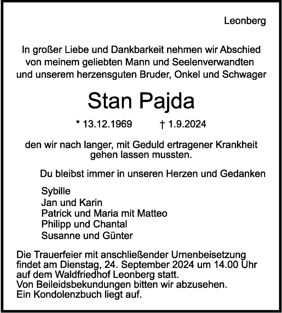  Traueranzeige für Stanislaw Pajda vom 17.09.2024 aus Leonberger Kreiszeitung / Strohgäu Extra