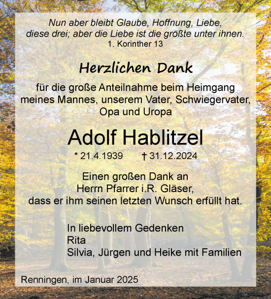 Traueranzeige von Adolf Hablitzel von Leonberger Kreiszeitung / Strohgäu Extra