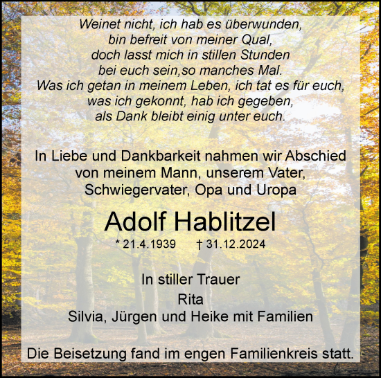 Traueranzeige von Adolf Hablitzel von Leonberger Kreiszeitung / Strohgäu Extra