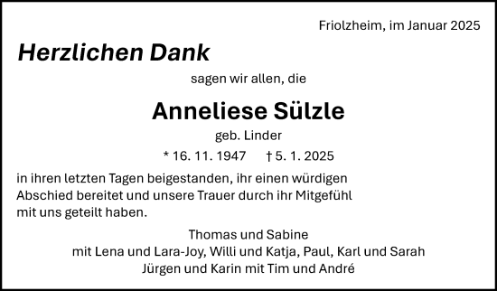 Traueranzeige von Anneliese Sülzle von Leonberger Kreiszeitung / Strohgäu Extra