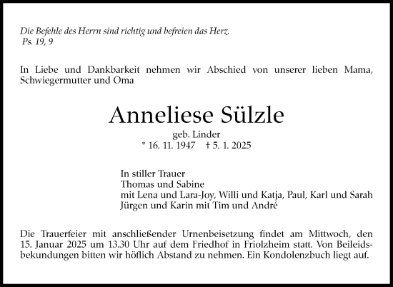 Traueranzeige von Anneliese Sülzle von Leonberger Kreiszeitung / Strohgäu Extra