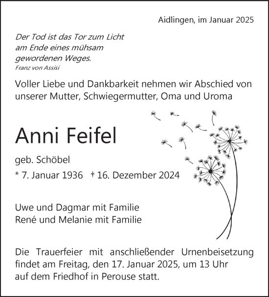 Traueranzeige von Anni Feifel von Leonberger Kreiszeitung / Strohgäu Extra
