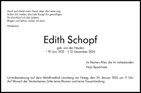 Traueranzeige von Edith Schopf von Leonberger Kreiszeitung / Strohgäu Extra