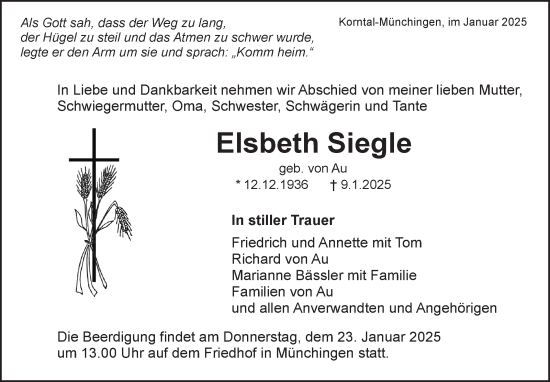 Traueranzeige von Elsbeth Siegle von Leonberger Kreiszeitung / Strohgäu Extra