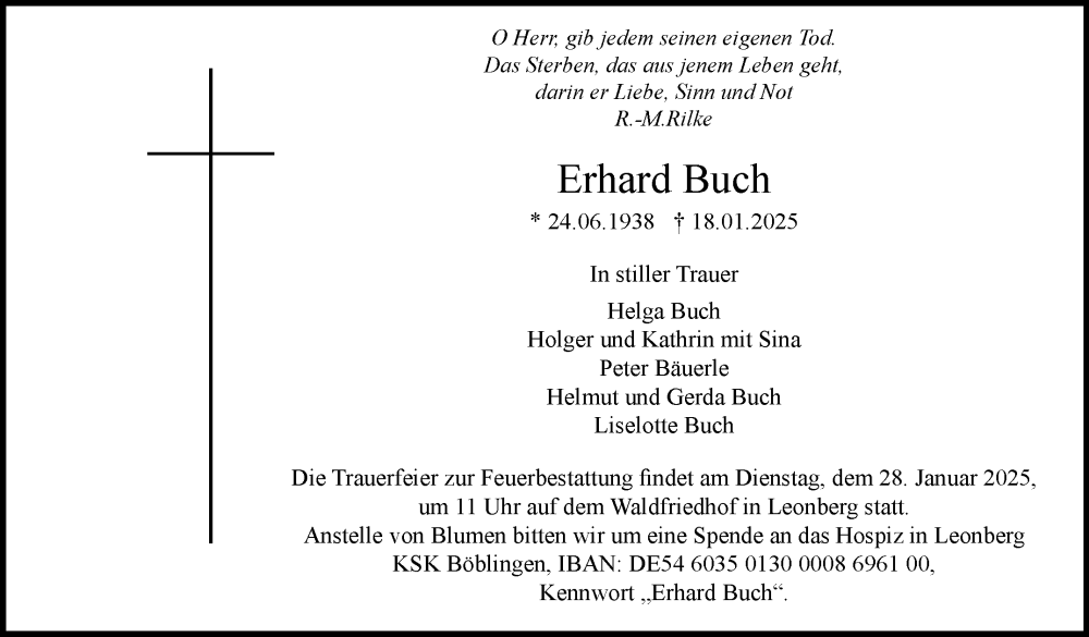  Traueranzeige für Erhard Buch vom 23.01.2025 aus Leonberger Kreiszeitung / Strohgäu Extra