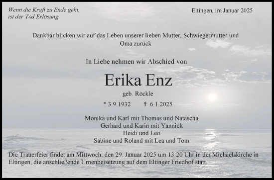Traueranzeige von Erika Enz von Leonberger Kreiszeitung / Strohgäu Extra