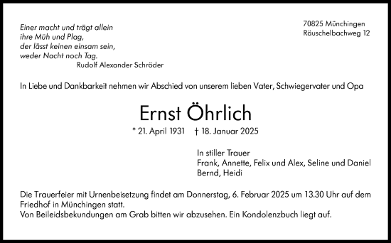 Traueranzeige von Ernst Öhrlich von Leonberger Kreiszeitung / Strohgäu Extra