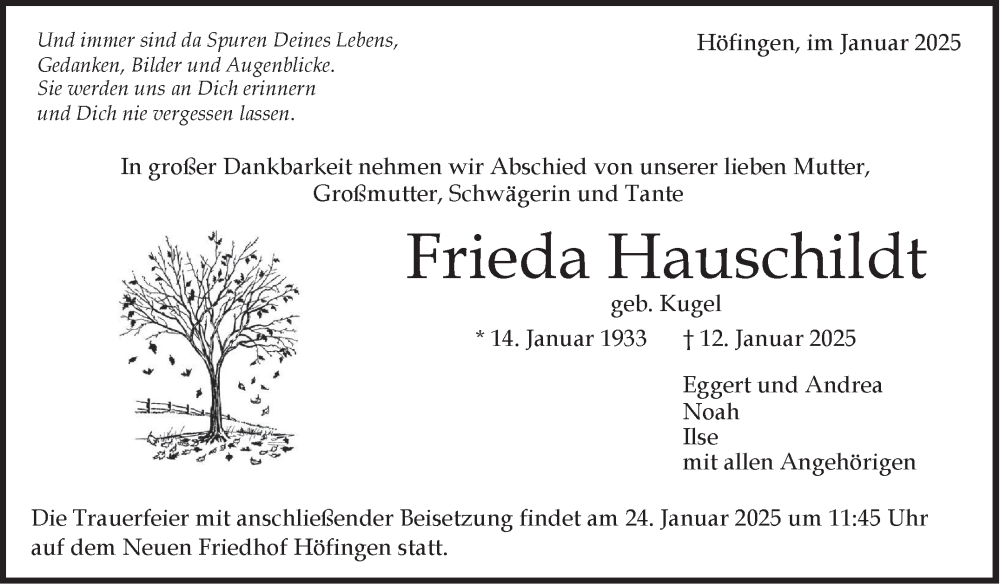  Traueranzeige für Frieda Hauschildt vom 20.01.2025 aus Leonberger Kreiszeitung / Strohgäu Extra