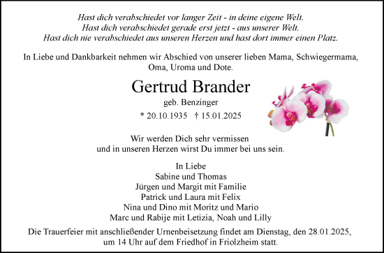 Traueranzeige von Gertrud Brander von Leonberger Kreiszeitung / Strohgäu Extra