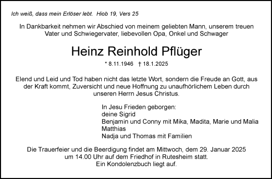 Traueranzeige von Heinz Reinhold Pflüger von Leonberger Kreiszeitung / Strohgäu Extra